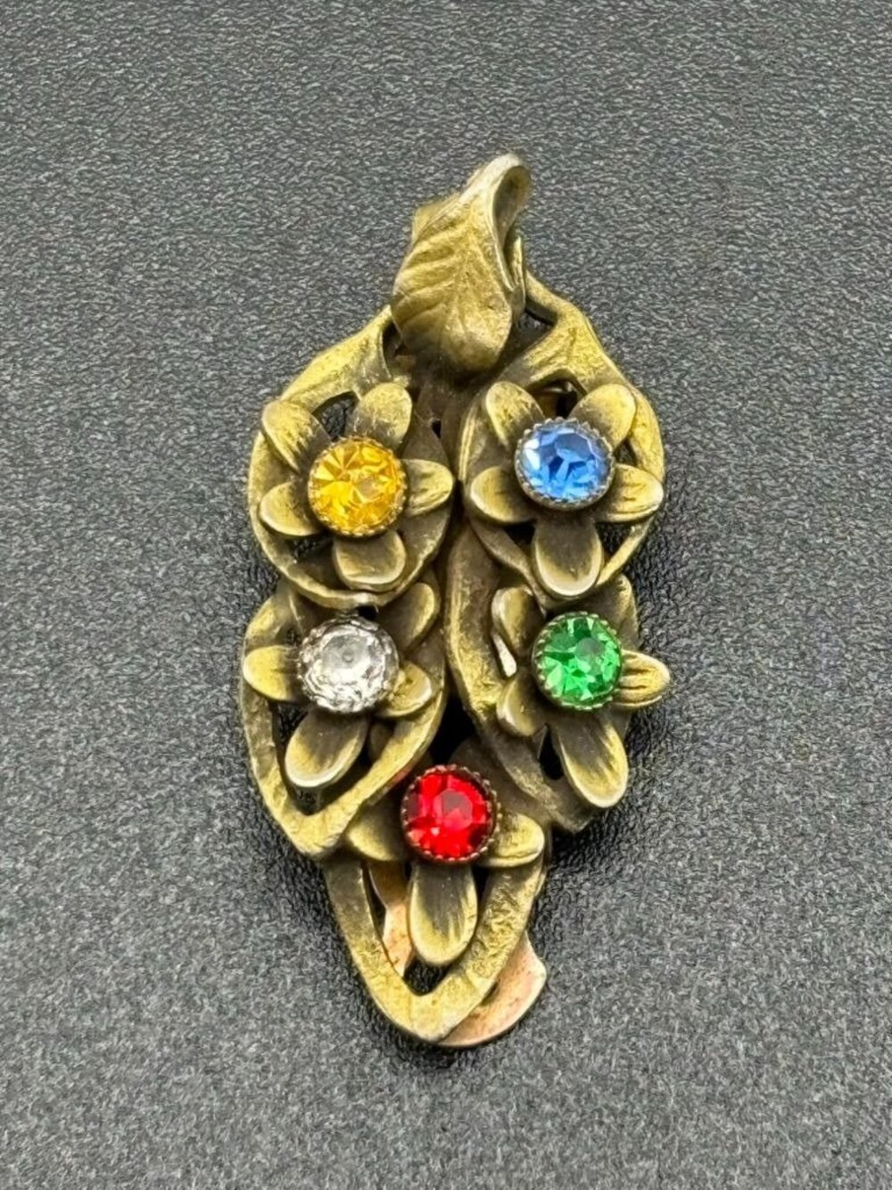 Vintage Dress Clip Brass Floral Petals Leaves Colorful Rhinestones 1.5" Unsigned